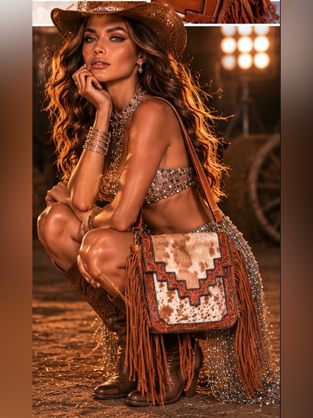 Tooled Leather Hair On Hide Fringe Crossbody Western Cowgirl Rodeo Bag |Boho